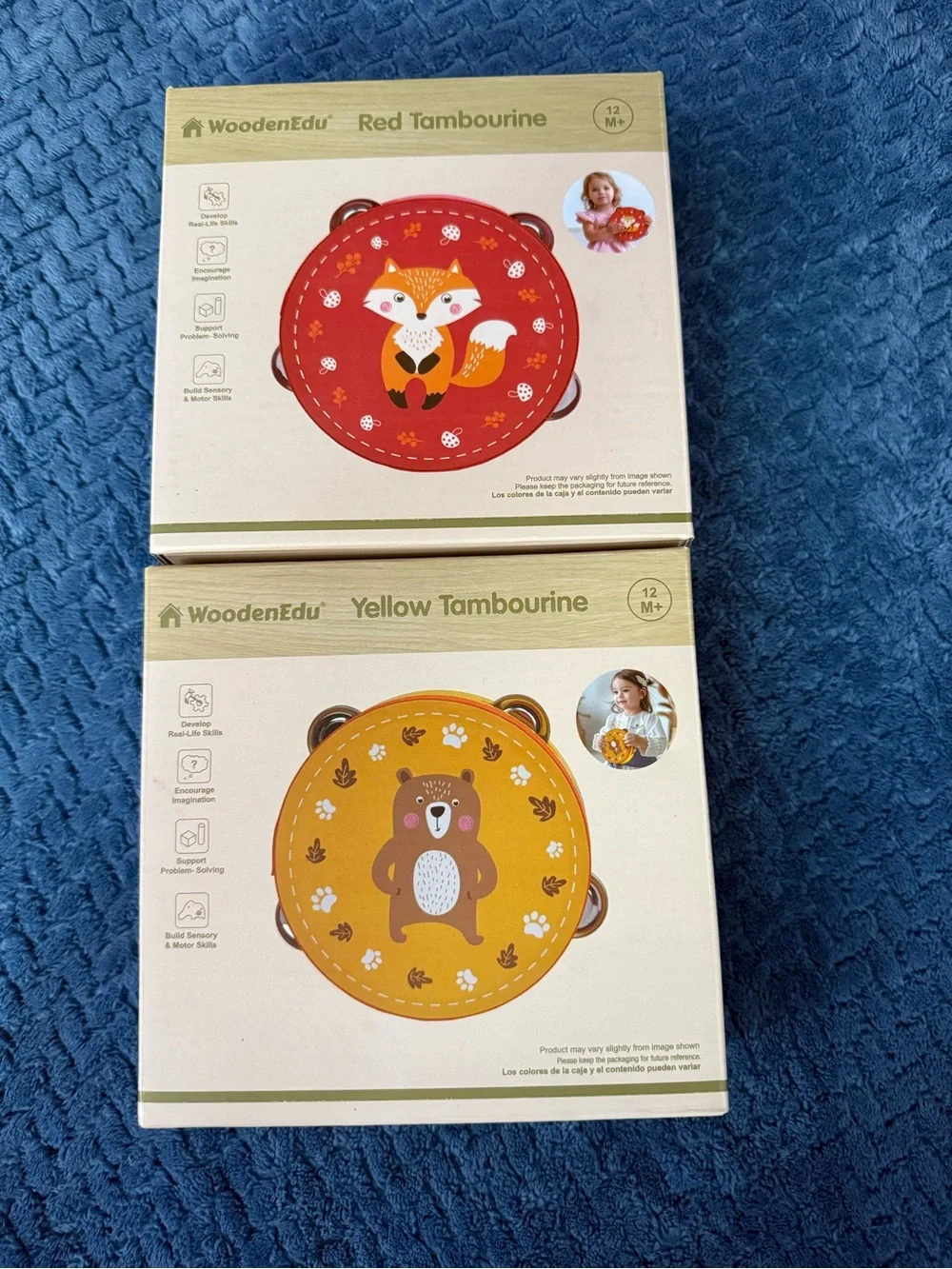 NIB - WoodenEdu Wooden Tambourine Toy Set (Red Fox & Yellow Bear)